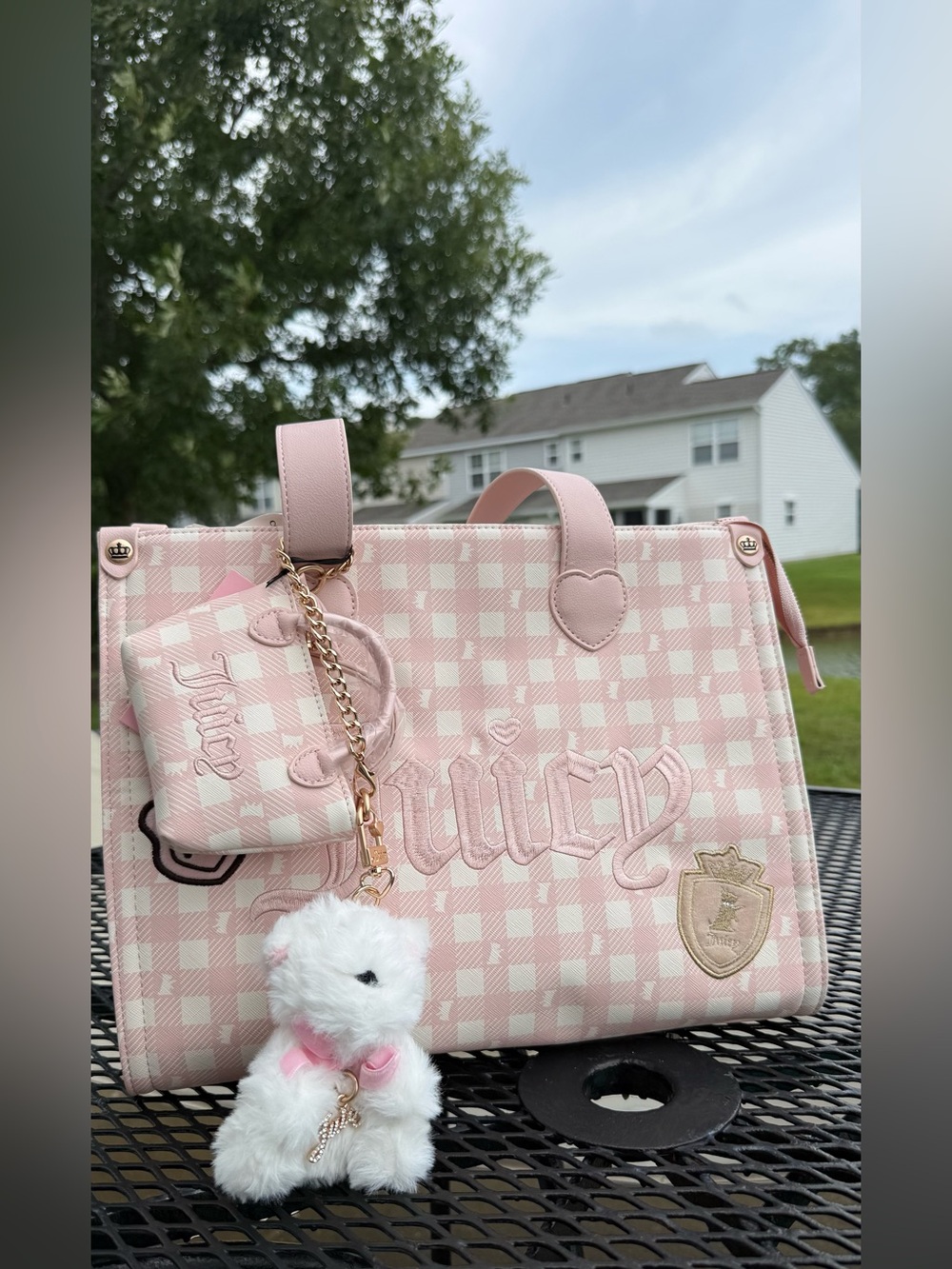 Juicy Couture Pink Checkered Tote with Charm and Scottie Keychain